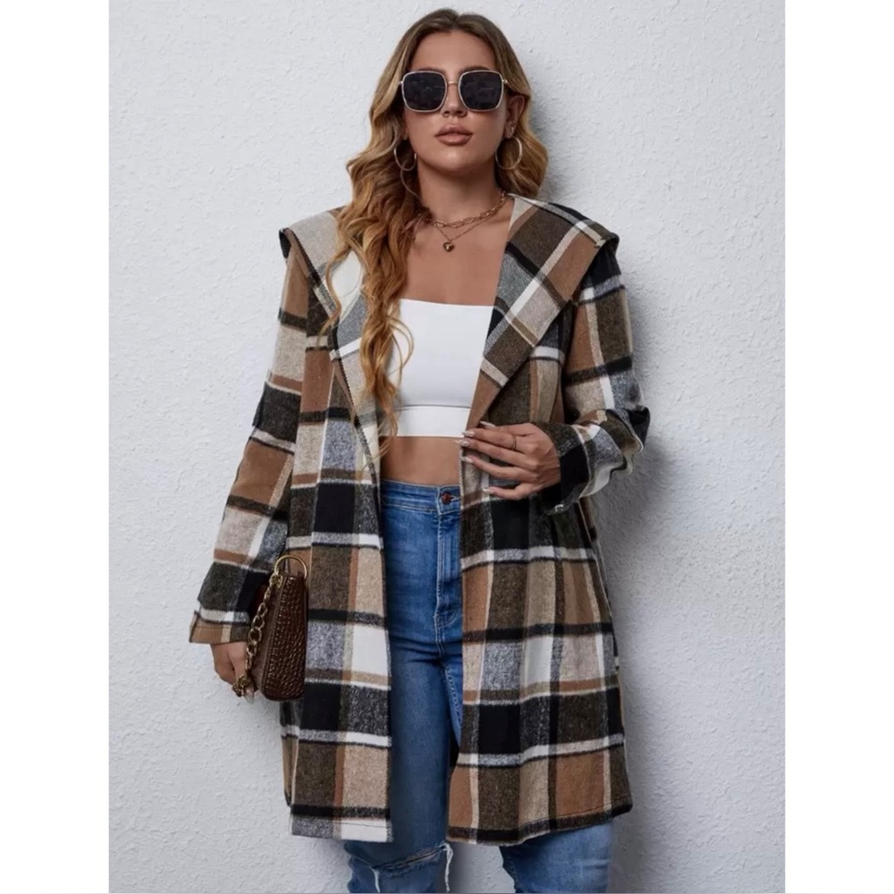 Plus Size Plaid Hooded Shacket